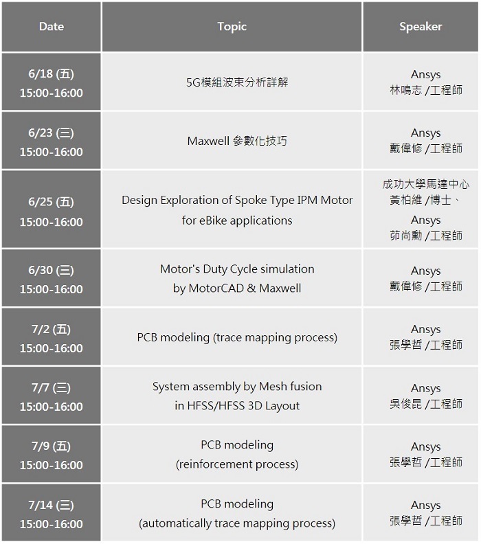Ansys線上直播講座時程表